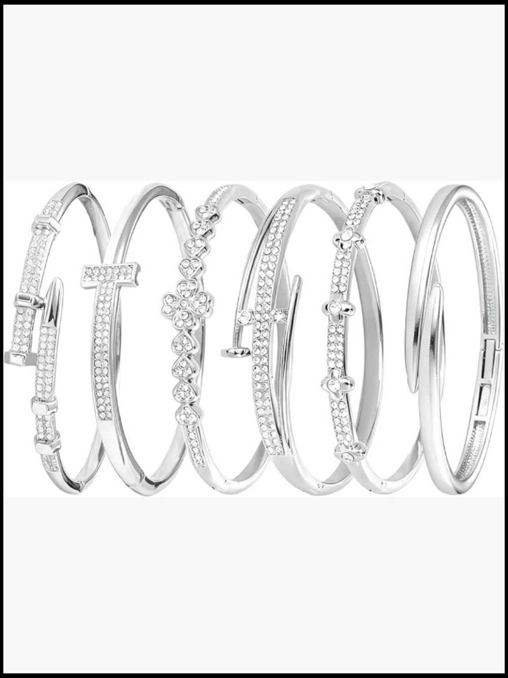 6-Piece Stackable Bangle Set Trendy Rhinestone Rivet Four-Leaf Clover Zinc